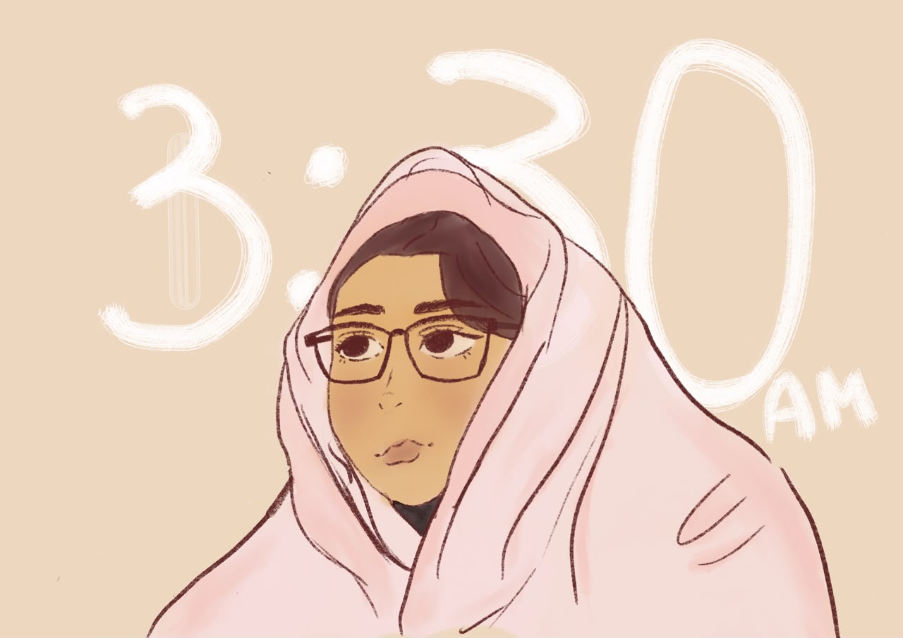 3:30 AM — a girl wrapped in a pink blanket, awake in the small hours.