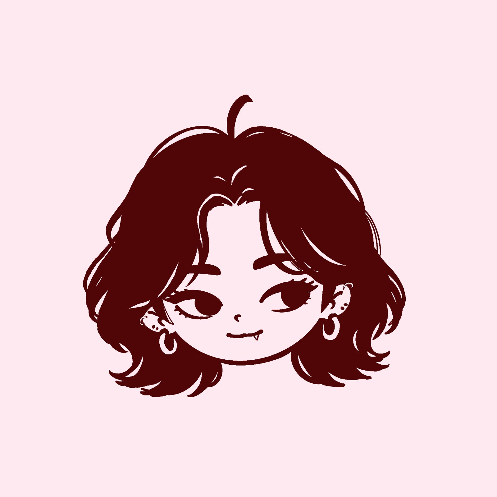 A chibi character with wavy hair and hoop earrings on a pink ground.