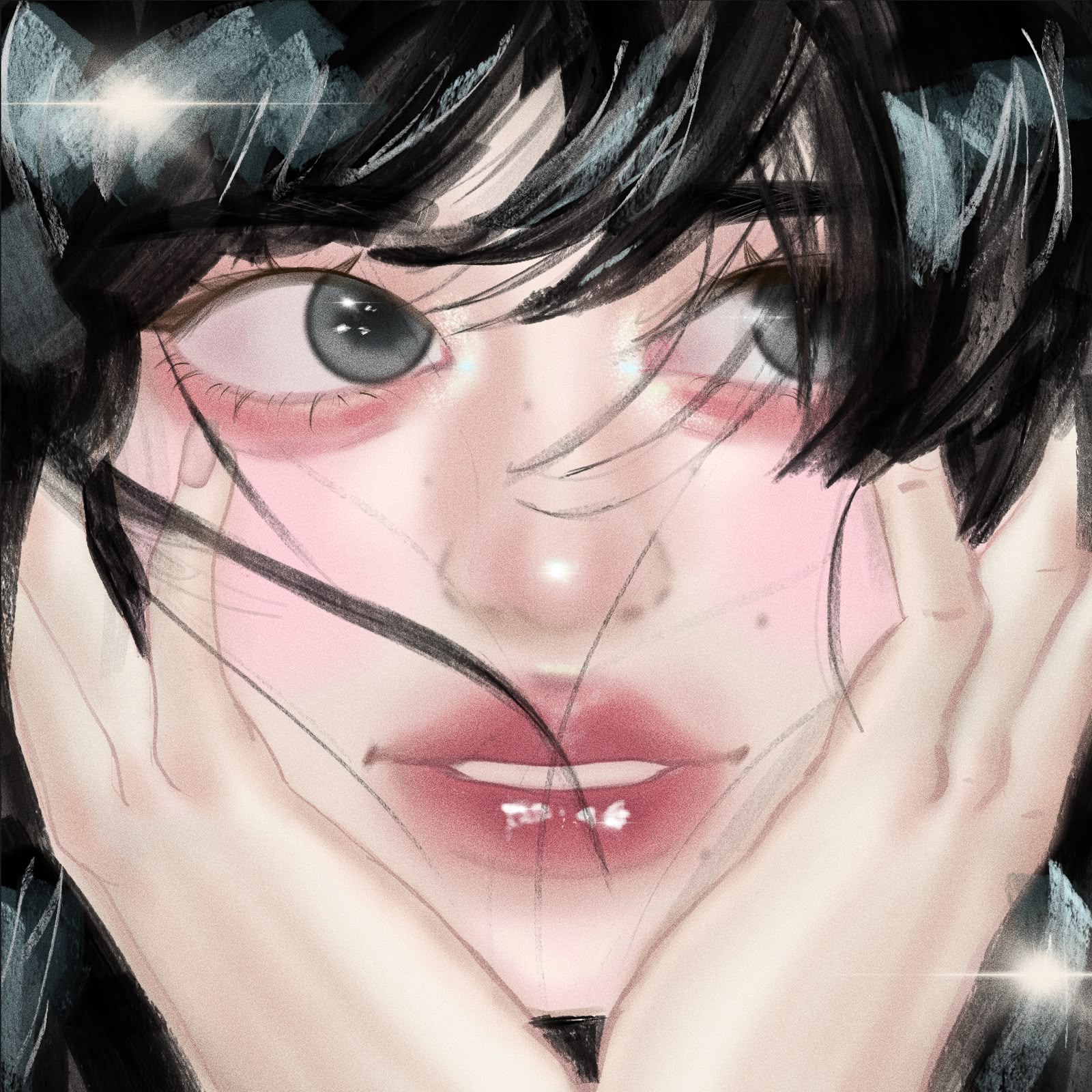 A close-up portrait, hands framing the face, in pink and black.