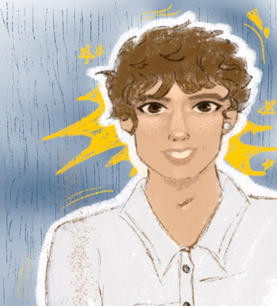 A curly-haired boy in a white shirt, painted against a blue sky.