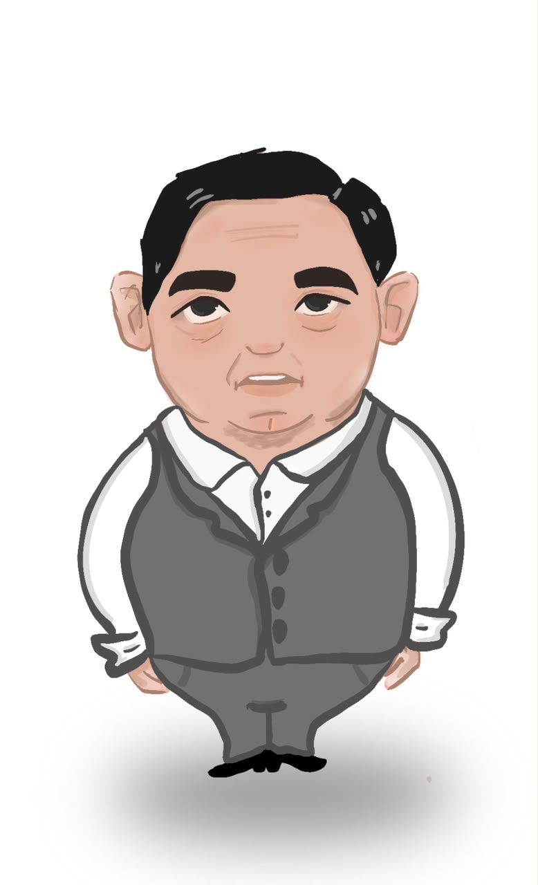 A caricature of a gentleman in a grey three-piece suit.