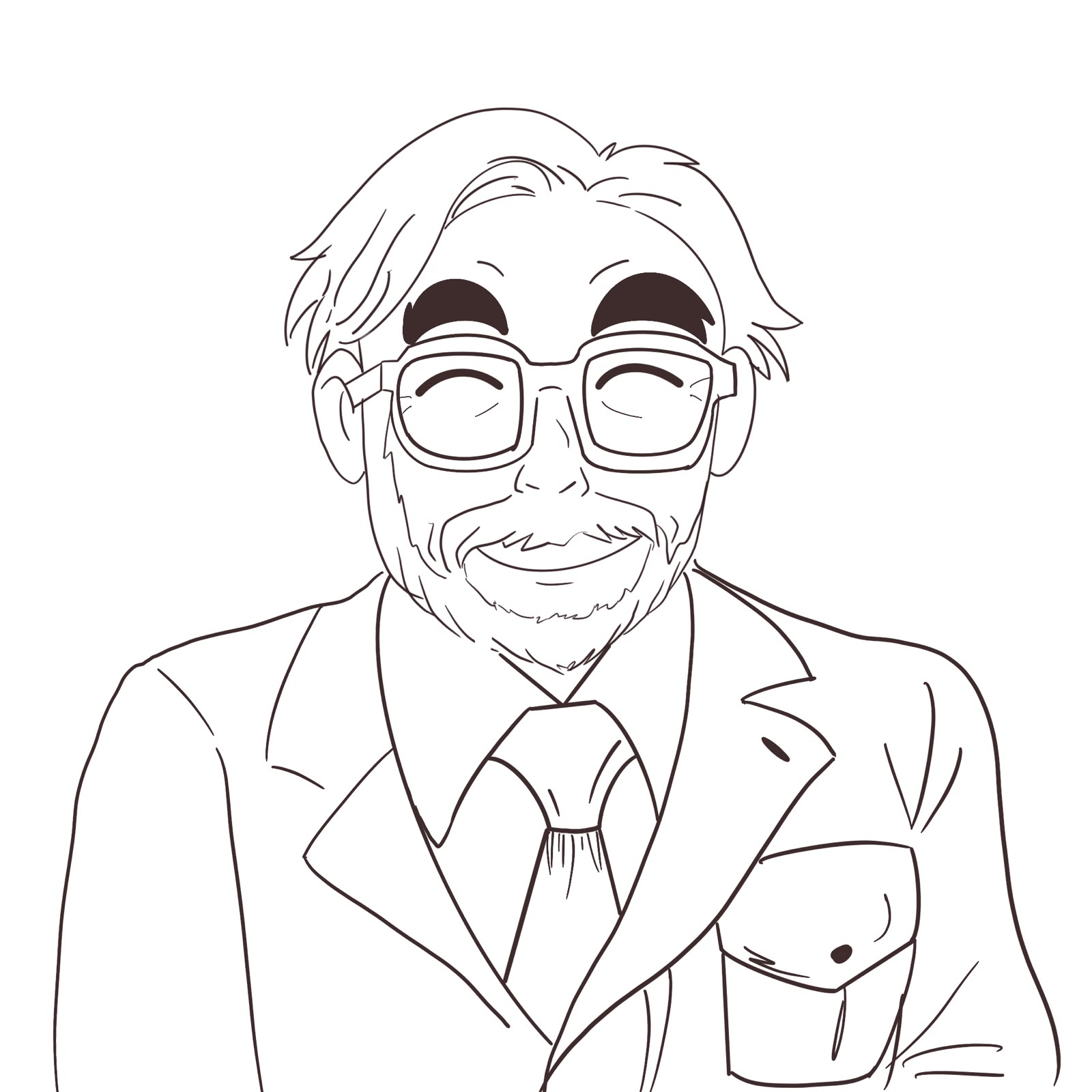 A line-art portrait of a smiling man in glasses and a suit.