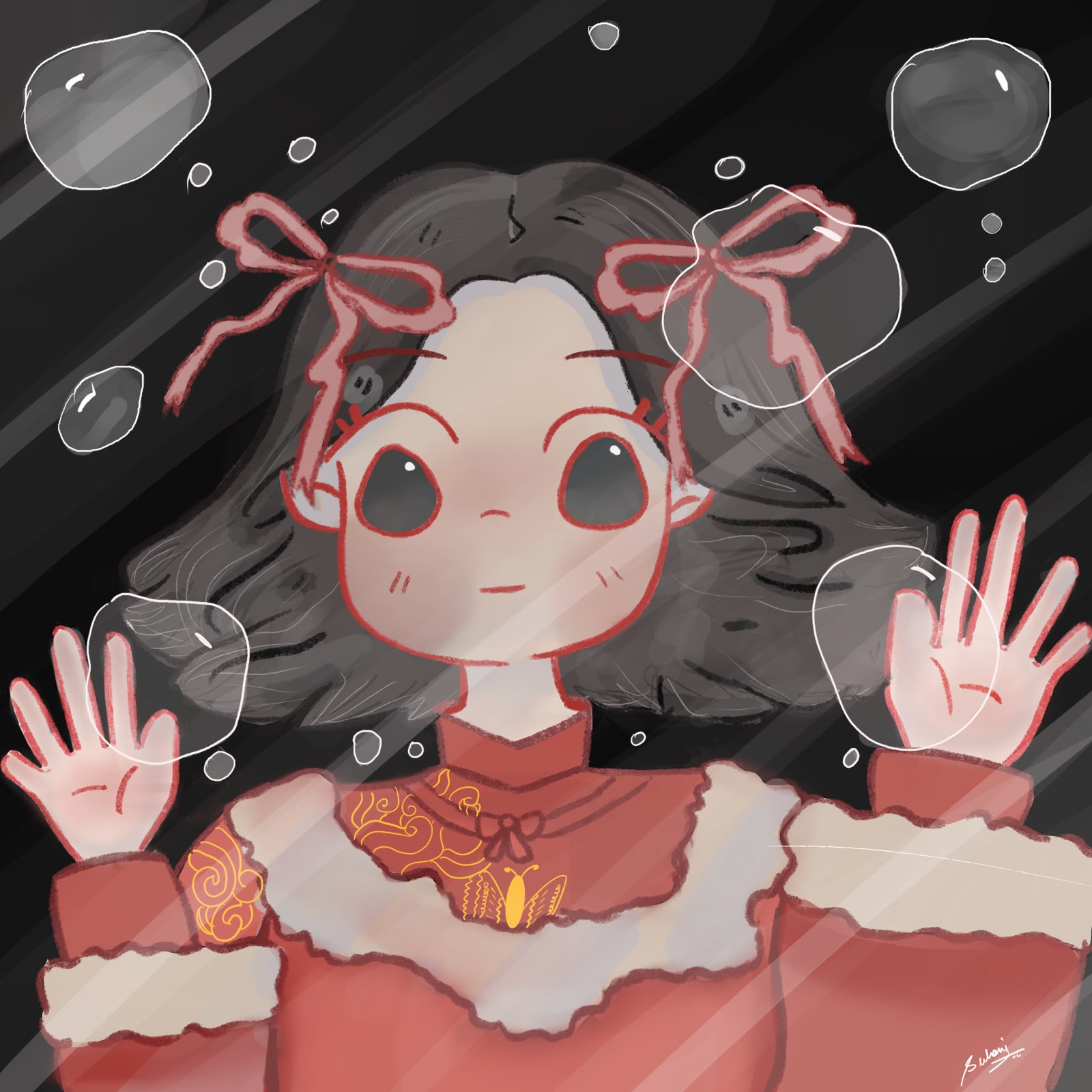 A girl in a red dress with ribboned hair, surrounded by bubbles underwater.