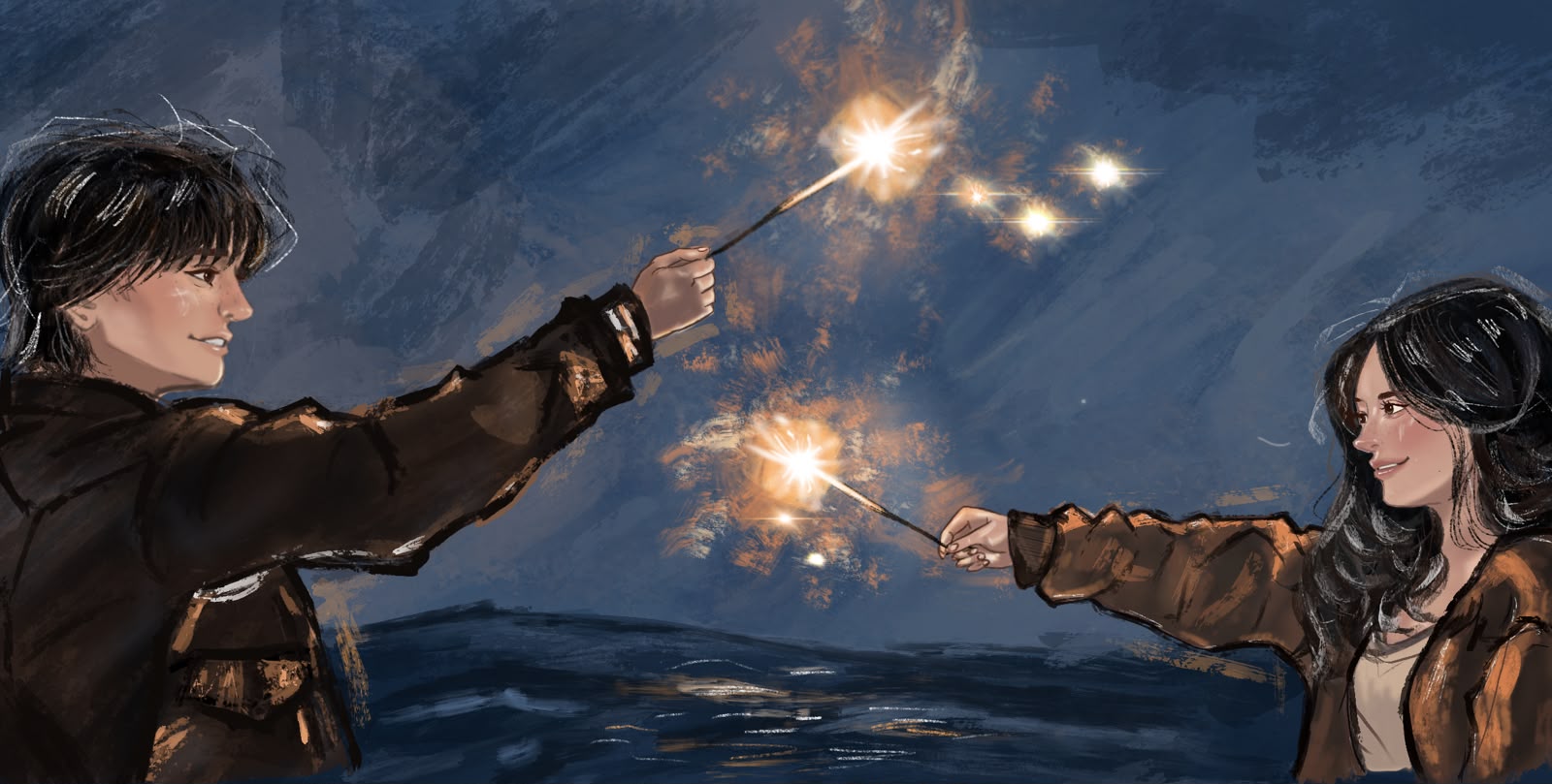 Two figures holding sparklers against a night sky.