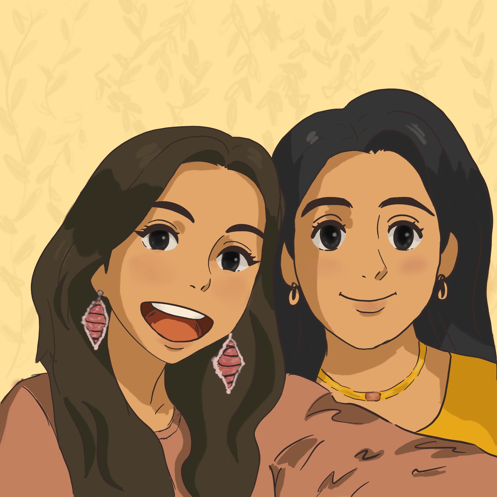 Two friends laughing together against a yellow botanical backdrop.